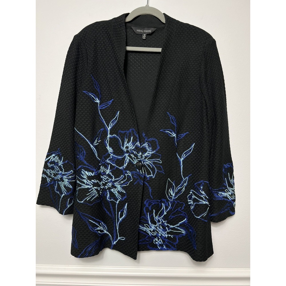 Ming Wang (M) Black/Blue Embroidered Floral Cardigan/Jacket Ladylike Office Chic